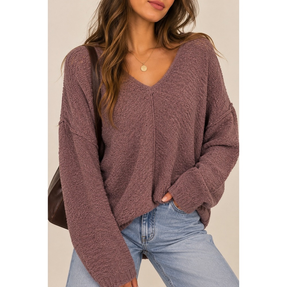 O'Neill Womens V-Neck Textured Cotton Knit Sweater Mauve Purple Slouchy Medium